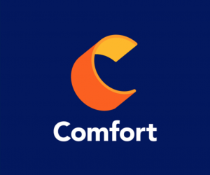 Comfort with an orange and yellow 3d letter "C"