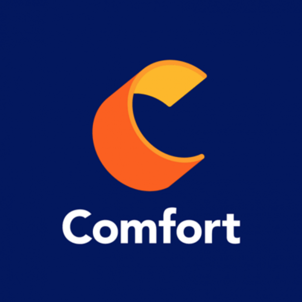 Comfort with an orange and yellow 3d letter "C"