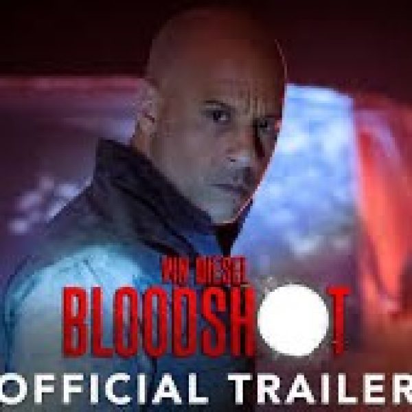 Bloodshot official trailer. Vin Diesel looks at camera. The "o" in bloodshot is whited out like a gunshot
