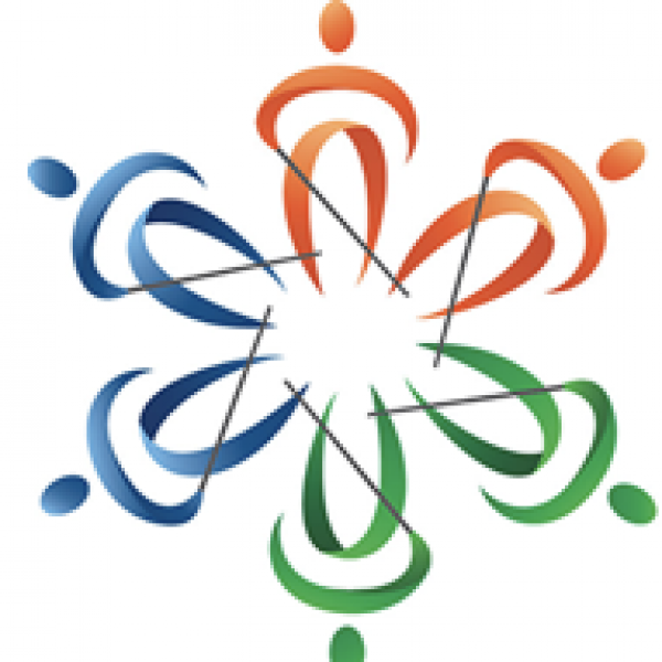 A circle of six multi-colored drawings of people with their canes
