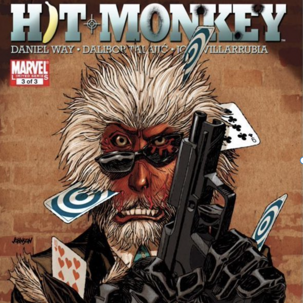 Disheveled monkey below title with gun and playing cards.