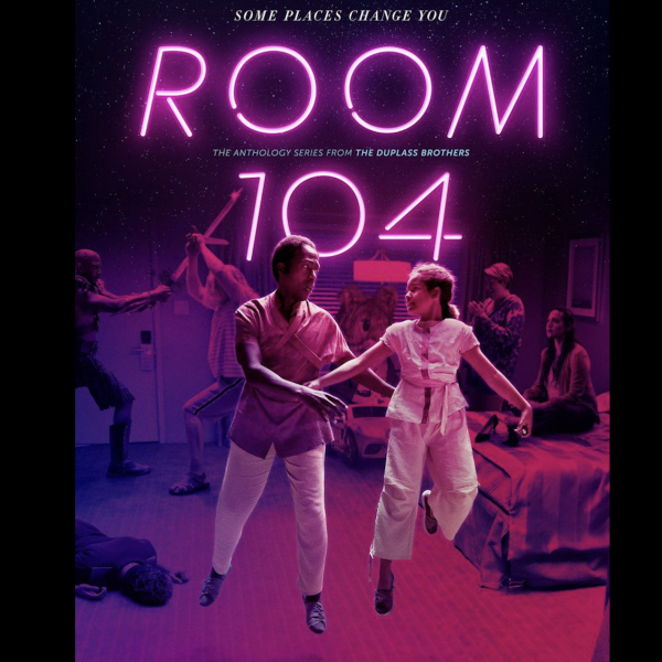 Reddish tint-Man and child floating with sword fight in background and woman on the bed over the title
