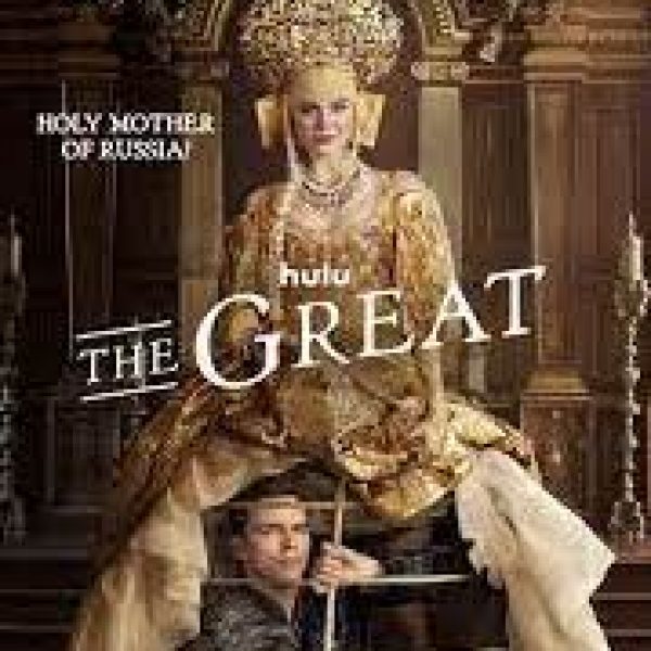 Holy Mother of Russia sitting on a throne with a man sitting underneath her with a stick in front of the title