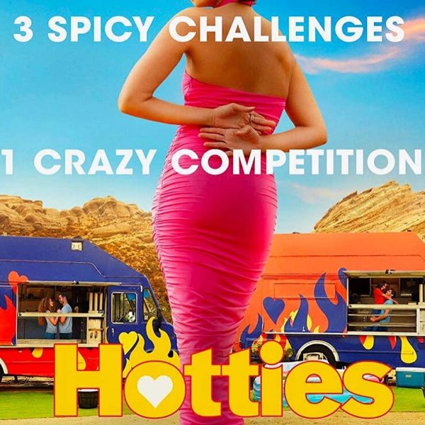 Back of a sexy woman in front of two food trucks with couples in each of them.